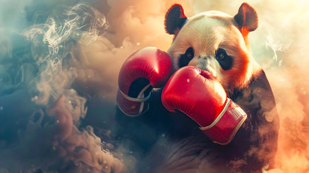 Powerful panda fighter with red boxing gloves in a dramatic smoke filled background with ample copy space for advertising or conceptual themes  Greatest boxer conceptual imageの素材