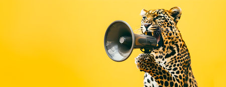 Fierce and Powerful Leopard Holding a Loudspeaker and Screaming to Amplify Attention and Attract Traffic   Creative Idea for Successful Business Management and Digital Marketing Conceptの素材