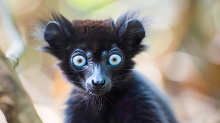 Mesmerizing Close up Portrait of a Curious and Enchanting Blue eyed Black Lemur Peering from the Lush Foliage of a Tropical Rainforest in Madagascarの素材