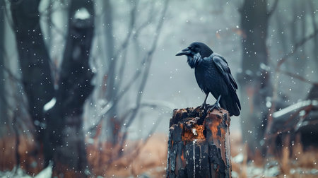 Common raven corvus corax perching and croaking on a cut tree stump in a snowy winter woodland scene  Dark large bird sitting alone in the bleak moody nature landscapeの素材