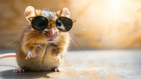 Charming and energetic of a joyful jumping mouse wearing sunglasses against a bright and warm background perfect for use as a promotional banner or graphic design element with ample copy spaceの素材