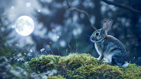A captivating nighttime scene featuring a rabbit sitting peacefully on a mossy knoll surrounded by the glow of a full moon in a serene and atmospheric landscapeの素材