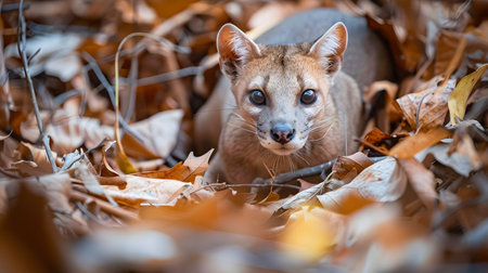 Portrait of a wild Fossa Cryptoprocta ferox an endangered carnivore species resting peacefully amidst the dry leaves on the ground in the Kirindy Forest of Madagascarの素材