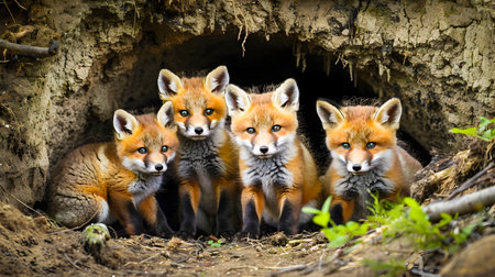 Curious fox cubs Vulpes vulpes sitting together and peeking out from the entrance of their den in the forest  Group of young furry animal babies looking around their natural habitatの素材