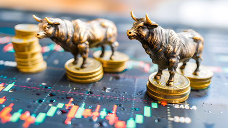 Bull Market Financial Investment Concept with Figurines on Chart Graph  Bullish Market Trend Symbolized by Statuettes on Digital Finance Displayの素材