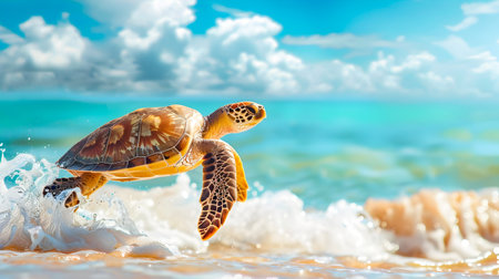 Playful Sea Turtle Leaping Out of Turquoise Ocean Waves and Crashing Onto Sunny Sandy Tropical Beachの素材