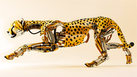 Futuristic digital of a mechanical cheetah robot sprinting through a surreal tech infused landscape  This CGI render depicts a robotic predator with a sleekの素材