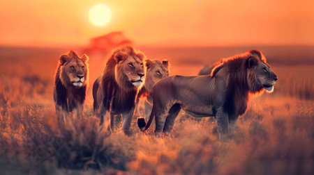 Pride of Majestic Lions Basking in the Warm Glow of a Captivating Savanna Sunset Showcasing the Breathtaking Beauty of the African Wildernessの素材