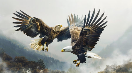 Two mighty bald eagles Haliaeetus leucocephalus engaged in an intense aerial clash battling for dominance high above a misty mountainous landscapeの素材