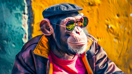 Quirky Hipster Monkey Character Wearing Colorful Retro Vintage Pop Culture Inspired Street Fashion Accessory Outfit with Sunglasses and Capの素材