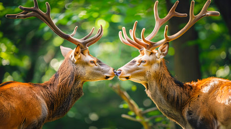 Two majestic red deer Cervus elaphus standing close together and tenderly touching their noses in a serene lush green forest during the summer season  The elegantの素材