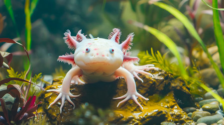 Enchanting Axolotl Amphibian Exploring Lush Verdant Natural Habitat with Moss Plants and Aquatic Elements in a Curious Whimsical and Fantastical Sceneの素材