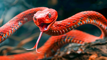 Intense Close Up of a Threatening Red Viper Snake Viciously Striking with its Bifurcated Tongue Poised to Attack Its Prey in the Wildの素材