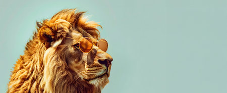 Trendy Modern Lion Animal Wearing Stylish Sunglasses  A close up portrait of a majestic lion with a flowing mane adorned with fashionable sunglassesの素材