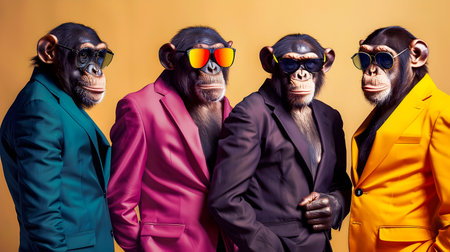 Fashionable portrait of a stylish anthropomorphic chimpanzee rock band dressed in vibrant suits and sunglasses posing together in a group photoの素材