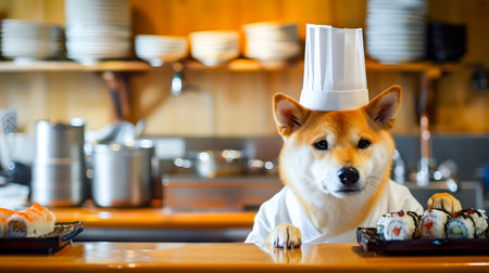 Adorable Shiba Inu dog wearing chef s uniform and hat working in the kitchen of a Japanese sushi restaurant preparing food with various cooking equipment and toolsの素材
