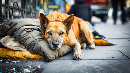 Exhausted Stray Dog Resting on the Cold City Sidewalk Seeking Shelter and Comfort from the Harsh Urban Environmentの素材