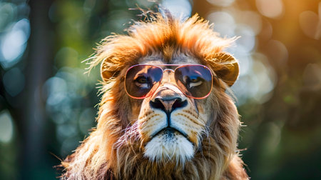 Stylishly Dressed Lion Wearing Sunglasses and a Camel in Shaded Environment Depicting a Vivid Trendy and Modern Wildlife Sceneの素材