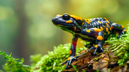 Closeup view of a fire salamander Salamandra salamandra looking sideways while hiding on a moss covered tree trunk in a lush green forest habitatの素材