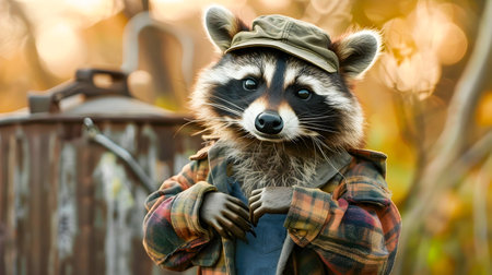 Cute and Clever Raccoon Wearing Plaid Shirt Cap and Overalls Performing Work Activities in the Woodland Forestの素材