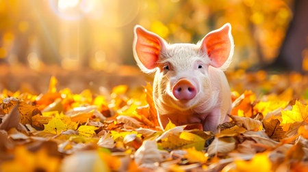Adorable domestic pig with a happy smiling expression sitting amongst the fallen yellow leaves in a picturesque autumn meadow under warm sunny skiesの素材