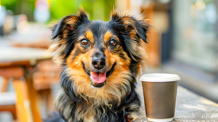 Adorable dog with happy expression enjoying its morning coffee break at a cozy outdoor cafe reception area with blurred city street in the background providing ample copy spaceの素材
