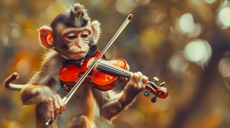 Charming Monkey Prodigy Playing the Violin with Remarkable Skill and Dexterity Amid a Vibrant Natural Backdropの素材