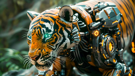 Cybernetic Tiger Robot with Futuristic Implants in Style  Powerful digital animal with mechanical modifications innovative technology and sci fi concept designの素材