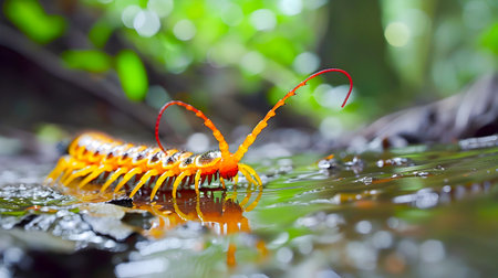 Closeup of a beautiful and vibrant centipede crawling on a leaf in a lush green rainforest environment with water droplets and reflectionsの素材