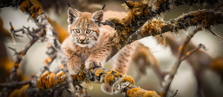 Curious feline cub cautiously climbing and crawling on lichen covered tree branches in its natural forest habitat exploring the wild environment with a sense of adventure and discoveryの素材