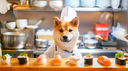 Cute and Funny Shiba Inu Dog Dressed as a Professional Sushi Chef Preparing and Serving Traditional Japanese Sushi Dishes in a Cozy Sushi Restaurant Kitchen Settingの素材