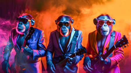 Fashionable and Vibrant Portrait of a Stylish Chimpanzee Rock Band Performing on Stage with Dramatic Lighting and Hazy Atmosphereの素材
