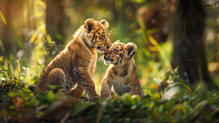 Curious Tiger Cub Siblings Playfully Exploring the Lush Verdant Wilderness of Their Natural Habitatの素材