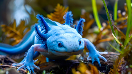 Enchanting Blue Axolotl Thriving in Lush Natural Habitat   Captivating Amphibian Creature Amidst Verdant Moss and Fallen Leaves Showcasing the Wonders of Biodiversity and Ecological Preservationの素材
