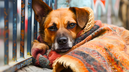 A small furry dog huddled in a colorful blanket seeking warmth and comfort on the streets of the cityの素材