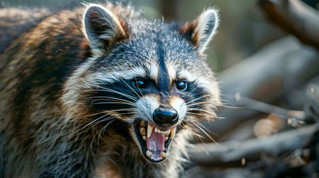 Captivating close up portrait of a fierce  aggressive raccoon baring its teeth and displaying a fierce  angry expression as if ready to attack  The raccoon s intense glare  sharp clawsの素材