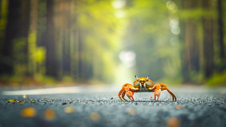 A curious crab cautiously making its way along a paved road winding through a peaceful lush forest backdrop  The crustacean s shell and legs are visible as it travels its chosen pathの素材
