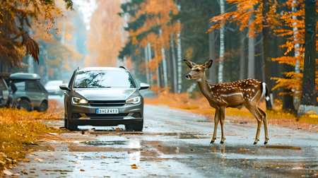 Deer Crossing on Rainy Rural Road Near Autumn Forest   Dangerous Wildlife Accident Scene with Car on Wet Pavement in Early Morning Countrysideの素材