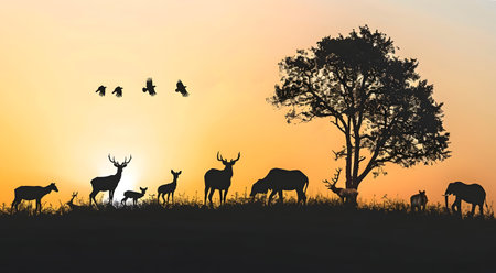 Breathtaking sunset silhouette of a herd of deer gazelles and antelopes in a natural African landscape  This tranquil and serene scene captures the beauty and wonder of the wild outdoorsの素材