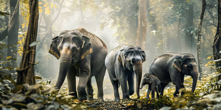 Majestic Asian Elephant Family Strolling Together Through an Enchanting Misty Forest Landscape Showcasing the Harmonious Coexistence of These Magnificent Creatures and Their Natural Habitatの素材