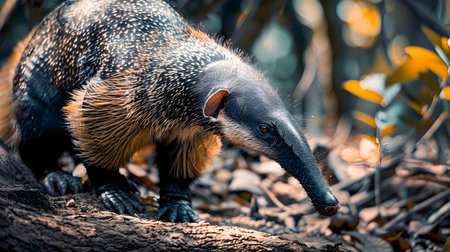 Closeup view of a giant anteater a unique mammalian insectivore foraging and exploring the leaf covered ground of a dense lush woodland environmentの素材