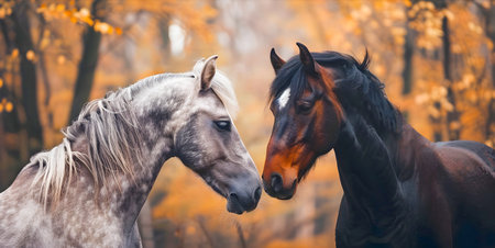 Two horses face each other seemingly engaged in a silent conversation set against the backdrop of an autumnal woodlandの素材