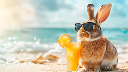 Carefree and adorable bunny in sunglasses relaxing on a tropical beach sipping a refreshing cocktail while surrounded by the ocean sand and sunny skiesの素材