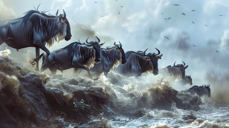 Herd of wildebeest frantically scrambling and rushing up the banks of the Mara River during the great annual in Serengeti National Park Tanzaniaの素材