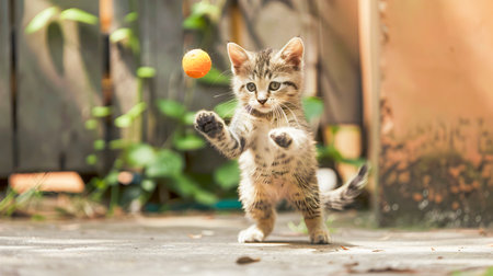 Adorable Kitten Playfully Chasing and Batting at a Ball in a Lush Garden Setting with Plants and Foliage in the Backgroundの素材