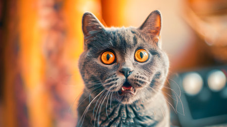 Closeup portrait of a surprised and shocked looking British Shorthair cat with wide open eyes and an amusing facial expression captured in a studio setting with an orange and gray backgroundの素材