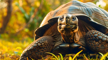 A majestic Galapagos tortoise one of the largest living species of tortoise resting and basking in its lush natural island habitat  The reptile s ancient prehistoric features and hardyの素材