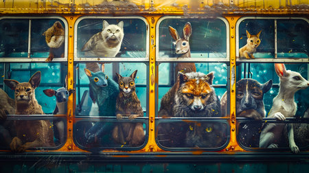 A fantastical scene of a diverse array of animals from felines to lagomorphs peering out from the windows of a cheerful colorful bus embarking on a surreal journey of imagination andの素材