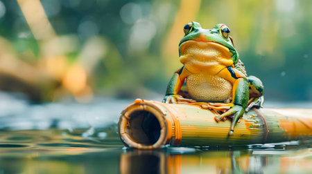A curious frog resting comfortably on a bamboo raft as it gently drifts along a serene stream surrounded by the lush green foliage of the natural environmentの素材