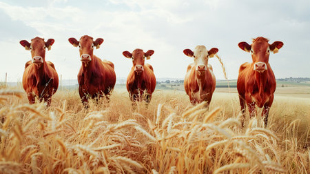 Five red cattle grazing in a scenic wheat field with a cloudy sky in the countryside  The image evokes a peaceful pastoral scene of agricultural lifeの素材